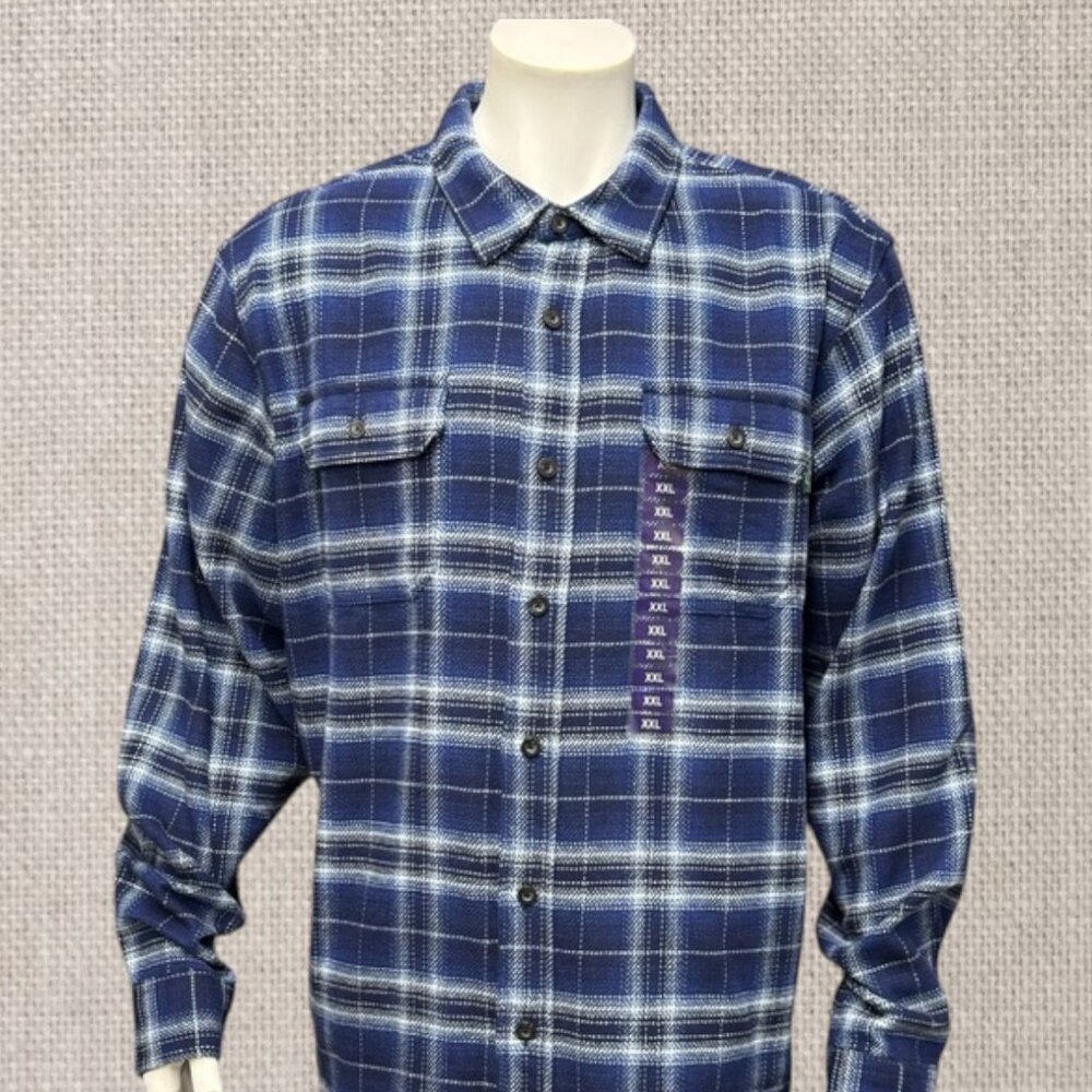 NWT Woolrich Brawny Flannel Blue White Plaid Men's Shacket Long Sleeve Shirt 2XL